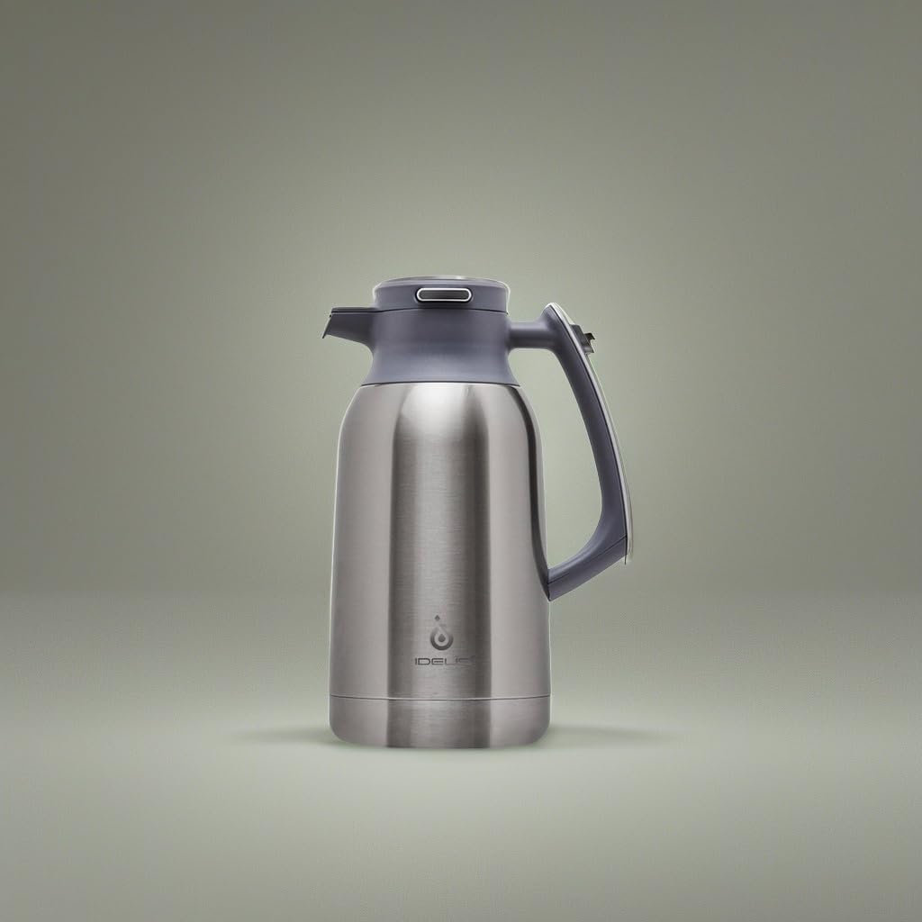 IDEUS Thermal Coffee Carafe 68oz (2,000ml), Stainless Steel Double Wall Insulated Vacuum Flask, Water Jug Coffee Server and Beverage Dispenser, Heat and Cold Retention (Metallic, 68oz (2,000ml))