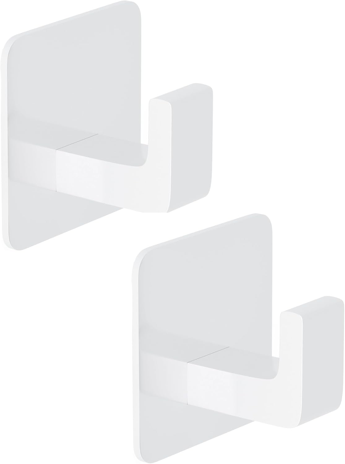 Square Self Adhesive Towel Hooks - 2 Pack Matte White Metal Hooks, Right-Angle Design for Towels, Robes & Hats, Organize Bathroom, Kitchen, Entryway, Doors, Cabinets on Smooth Surfaces