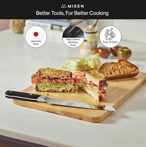Misen Serrated Bread Knife – High-Carbon Japanese AUS8 Steel – Effortless Slicing of Bread, Pastries, and Fruits – Razor-Sharp Edge and Durable Blade with Ergonomic Handle - 10", Red