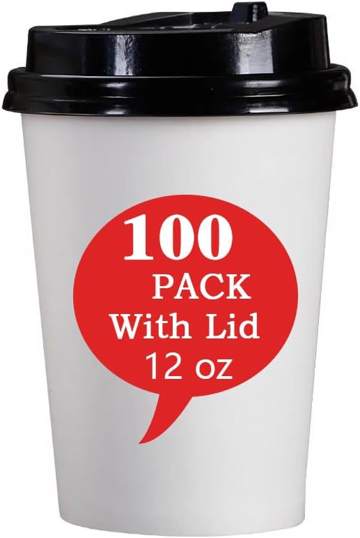 Disposable Coffee Cups with Lids 12 oz (100 Pack), White To Go Paper Coffee Cups for Hot & Cold Beverages, Suitable for Party, Picnic, Travel, and Events