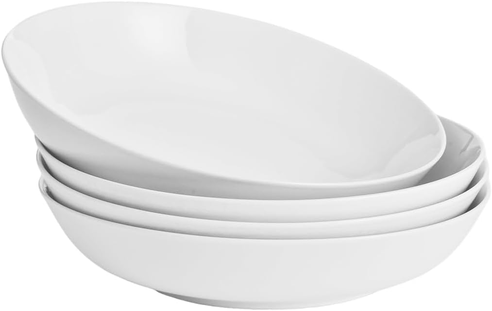 White Pasta Bowls Set of 4, Porcelain Salad Bowls 37 oz, Wide and Shallow Serving Bowl 9 Inch, Large Pasta Plates, Serving Dishes for Soup, Dinner, Microwave and Dishwasher Safe