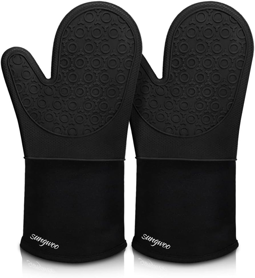 sungwoo Silicone Oven Mitts, Heat Resistant Oven Gloves with Quilted Liner Non-Slip Textured Grip Perfect for BBQ, Baking, Cooking and Grilling - 1 Pair 13.8 Inch Black