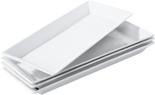Rectangular Ceramic Serving Platters Set of 4, 14 inch Large Porcelain Serving Plates, White Appetizer Trays, Dishwasher Safe Plates for Steak, Charcuterie, Thanksgiving Turkey, Desserts