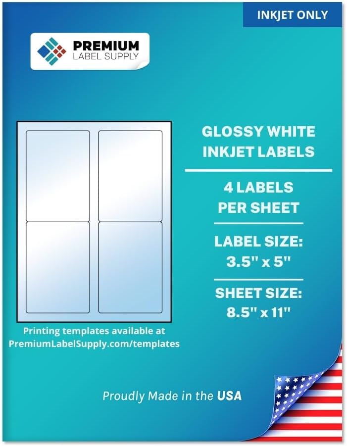 Premium Label Supply Glossy White Sticker Labels – 3.5" x 5" – (4 per Sheet) (Glossy White for Inkjet Only, 400 Labels)
