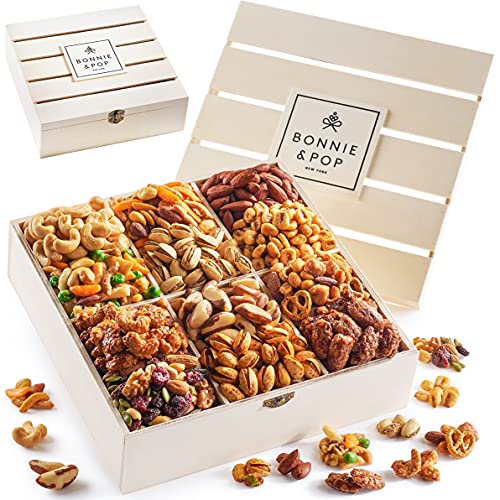 BONNIE AND POP - Nut Gift Basket | Healthy Gift of Assorted Nuts in Reusable Wood Crate | Large Variety Tray with Unique Flavors | Parties, Holidays, Birthday, Sympathy, Office, Thank You, Him, Her | Bonnie & Pop