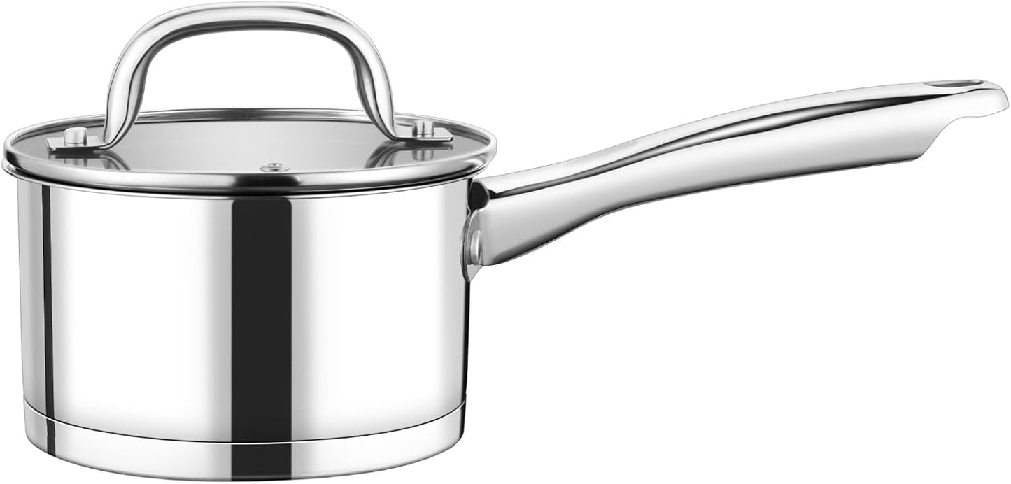 P&P CHEF 1 Quart Saucepan with Lid Set, Stainless Steel Small Cooking Pot Induction Sauce Pan for Pasta Soup, Ergonomic Handle & Tri-ply Base, Dishwasher Safe, 1 Pan
