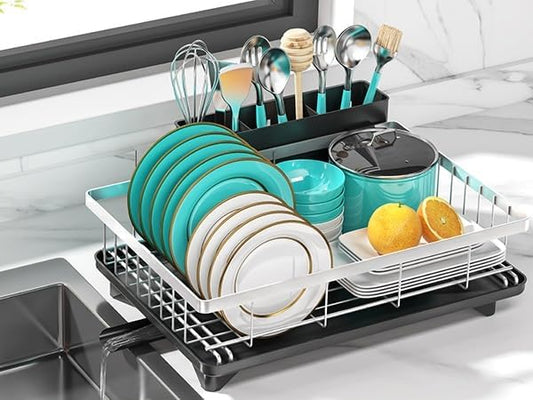 MERRYBOX Stainless Steel Dish Drying Rack for Kitchen Counter Sink，Rustproof Stainless Steel Dish Rack with Large 3-Compartment Utensil Holder