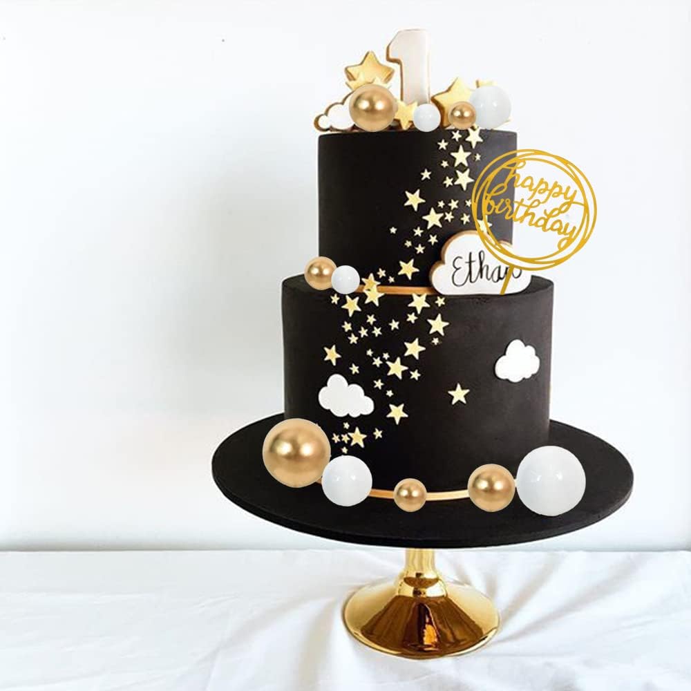 BEISHIDA-Cake Topper Gold 27 Pack Cupcake Topper with Mini Balls, Happy Birthday Acrylic Toppers Insert Pick DIY for Cake Decorations Anniversary Wedding Baby Shower Party (Gold/White)