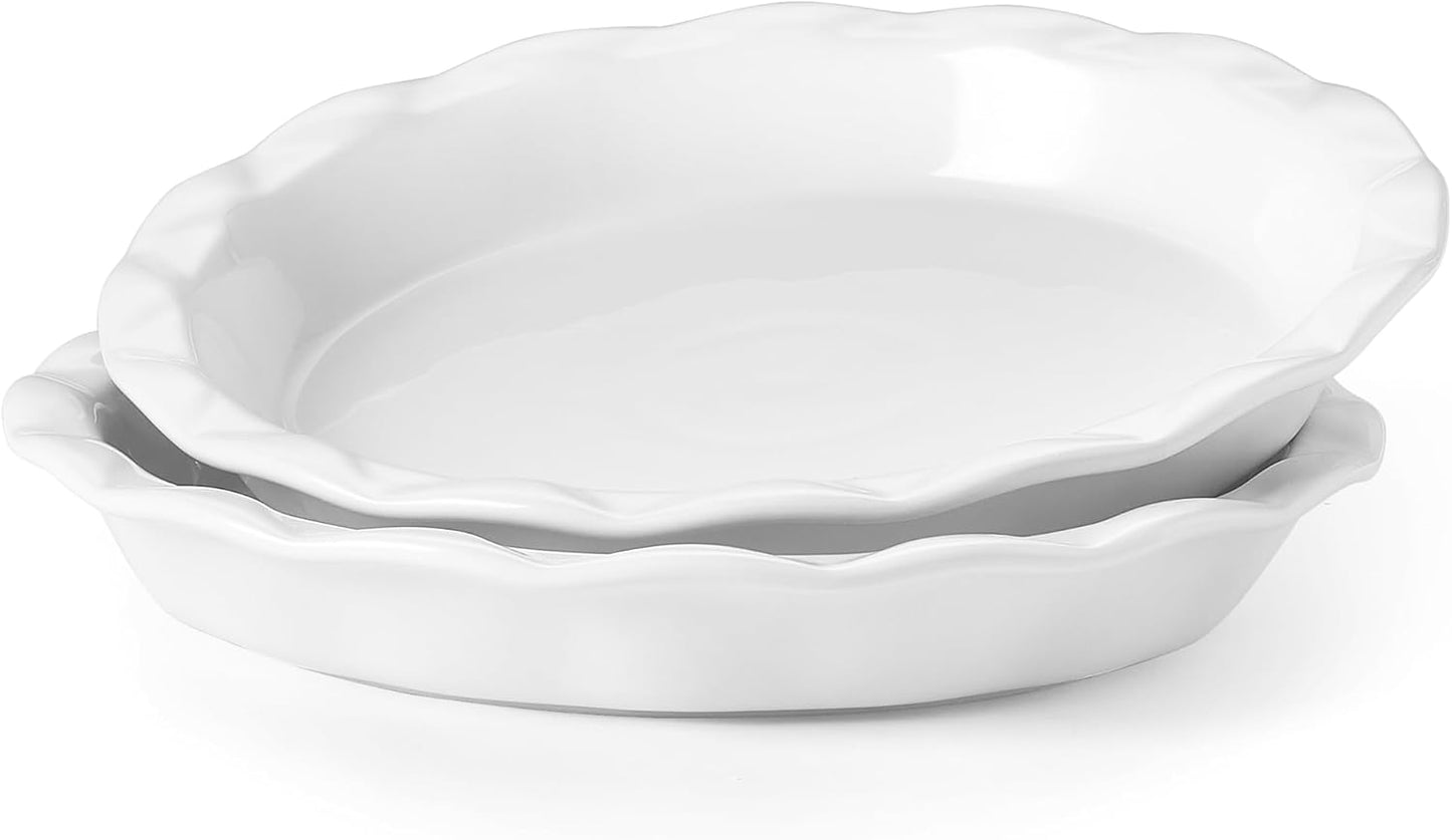 Lareina Ceramic Pie Pans for Baking, 9 Inches Pie Plate for Apple Pie, 36 Ounce Round Baking Dish, Set of 2, Thanksgiving day Gifts for Women, White