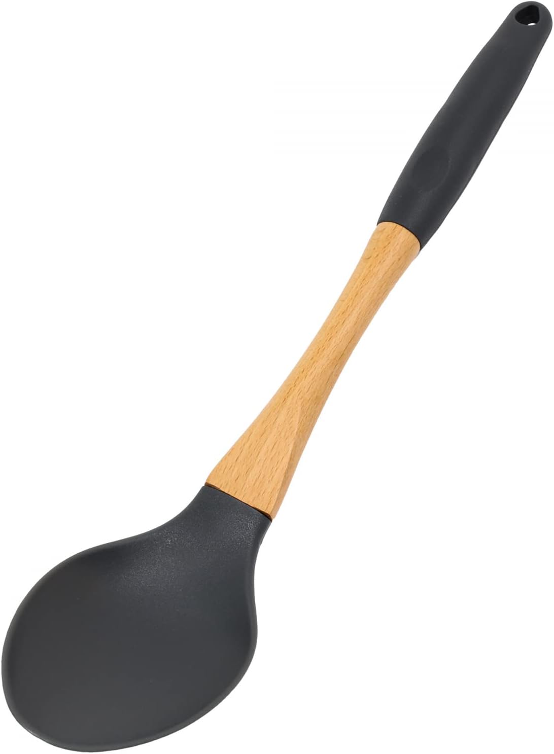 Beille Grey Nylon Spoon with Wooden Handle Kitchen Utensils High Heat Resistance, 13 Inch