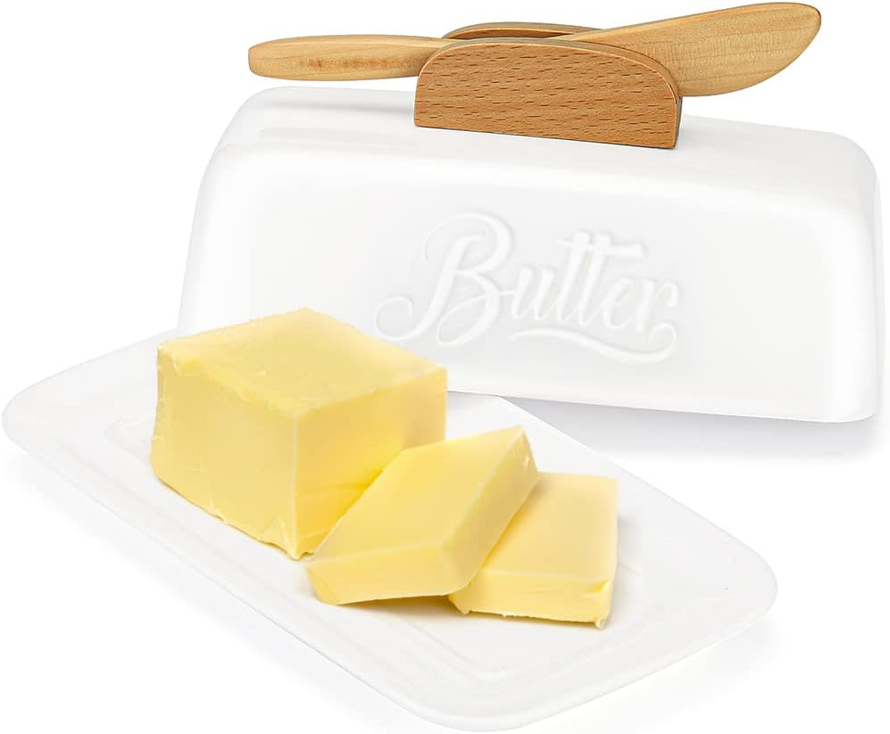 Butter Dish with Lid and Knife Ceramic Butter Holder for Counter Humanized Clamp-able Knife Handle Design, Perfect for East West Coast Butter, White