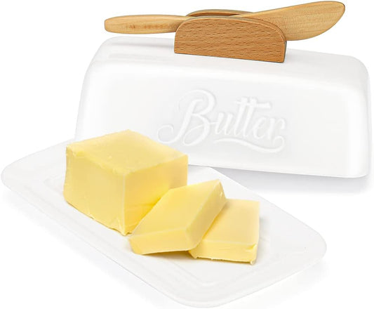 Butter Dish with Lid and Knife Ceramic Butter Holder for Counter Humanized Clamp-able Knife Handle Design, Perfect for East West Coast Butter, White