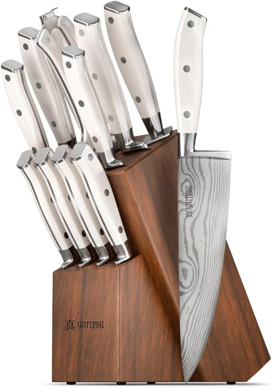 Yatoshi 12 Piece White Knife Block Set - Pro Kitchen Knife Set Ultra Sharp High Carbon Stainless Steel with Ergonomic Handle