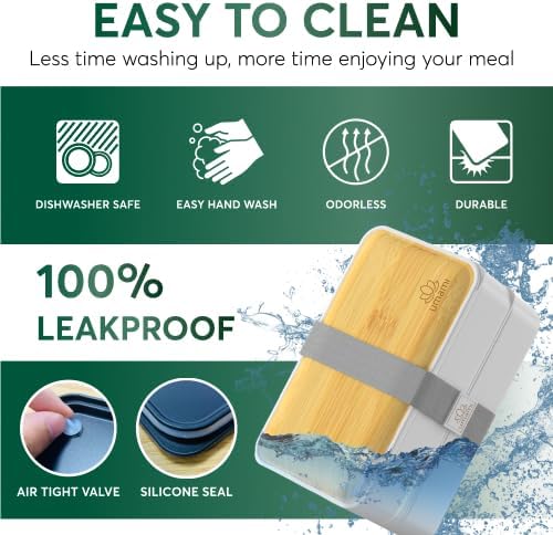 Umami Bento Box Adult All-In-1 w/4 Utensils, 2Sauce Jars, 2 Dividers, 100% Leakproof, Microwave & Dishwasher Safe, Stackable Bento Lunch Box Containers for Men/Women, White Bamboo, 40 oz