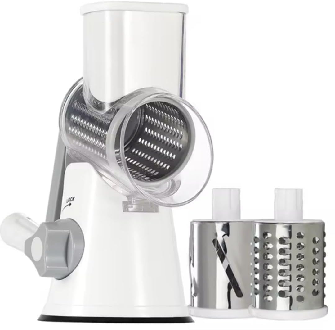 Rotary Cheese Grater Hand Crank with handle - Upgraded strong suction, changeable blades, handheld kitchen aid 3-in-1 Cheese Shredder. Kitchen Rotary Grater Slicer for Fruit, Vegetables, Nuts