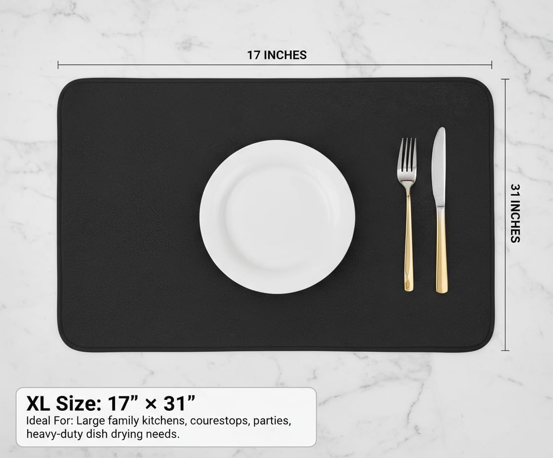 Dish Drying Mat Super Absorbent – 17" x 31" Coffee Mat for Countertops – Non-Slip Drying Mat for Kitchen Counter – Easy to Clean Water Absorbent Mat – XLarge Dish Drying Mats (Black)