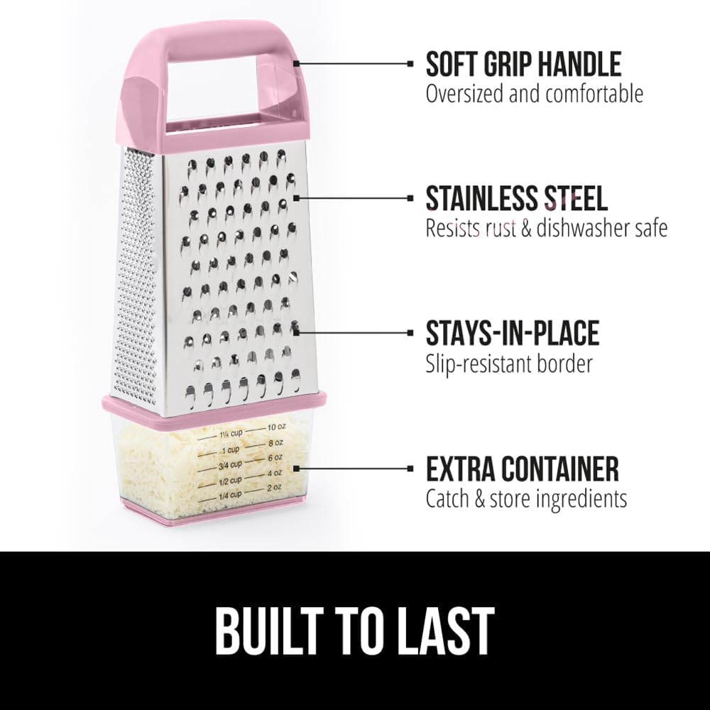 GORILLA GRIP 4-Sided 100% BPA-Free Cheese Grater With Container, Stainless Steel XL Box Graters, Parmesan Shredder, Grate Cheeses, Shred Veggies, Slip Resistant Handle, Dishwasher Safe Zester, Pink