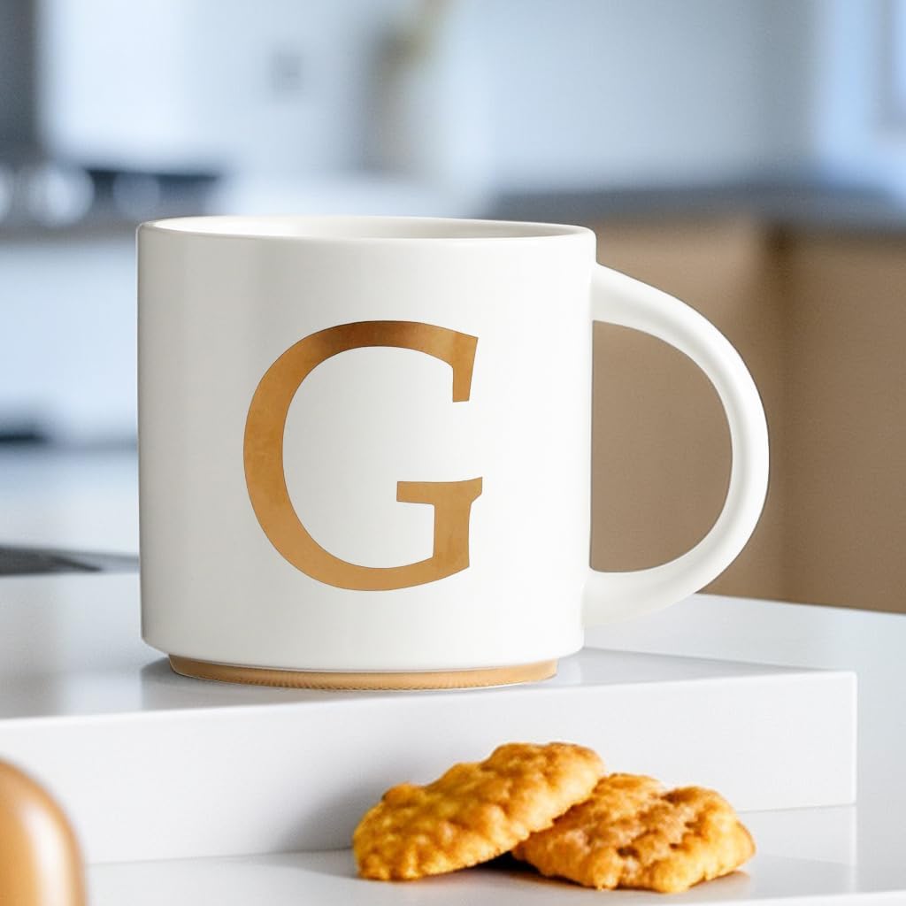 COLLECTIVE HOME - Monogram Ceramic Mugs, 15 oz Golden Initial Coffee Cups, Elegant Alphabet Tea Mugs, Elegant Personalized Mug with Gift Box, Unique Mug with Double Side Capital Letter (G)