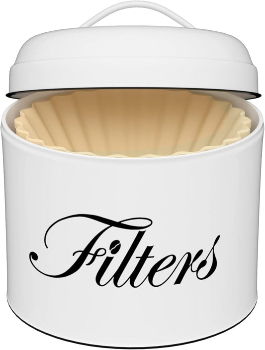 Coffee Filter Holder, White Basket Coffee Filter Storage with Lid, Round Coffee Filter Container for Counter, Rustic Farmhouse Coffee Bar Accessories Decor (White)