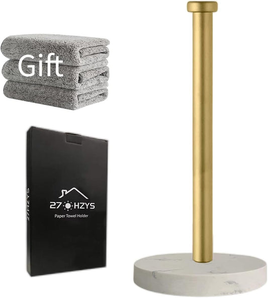 Paper Towel Holder Countertop, Standing Paper Towel Roll Holder for Kitchen Bathroom, with Weighted Marble Base for One-Handed Operation (Gold), Gold Paper Towel Holder, Marble