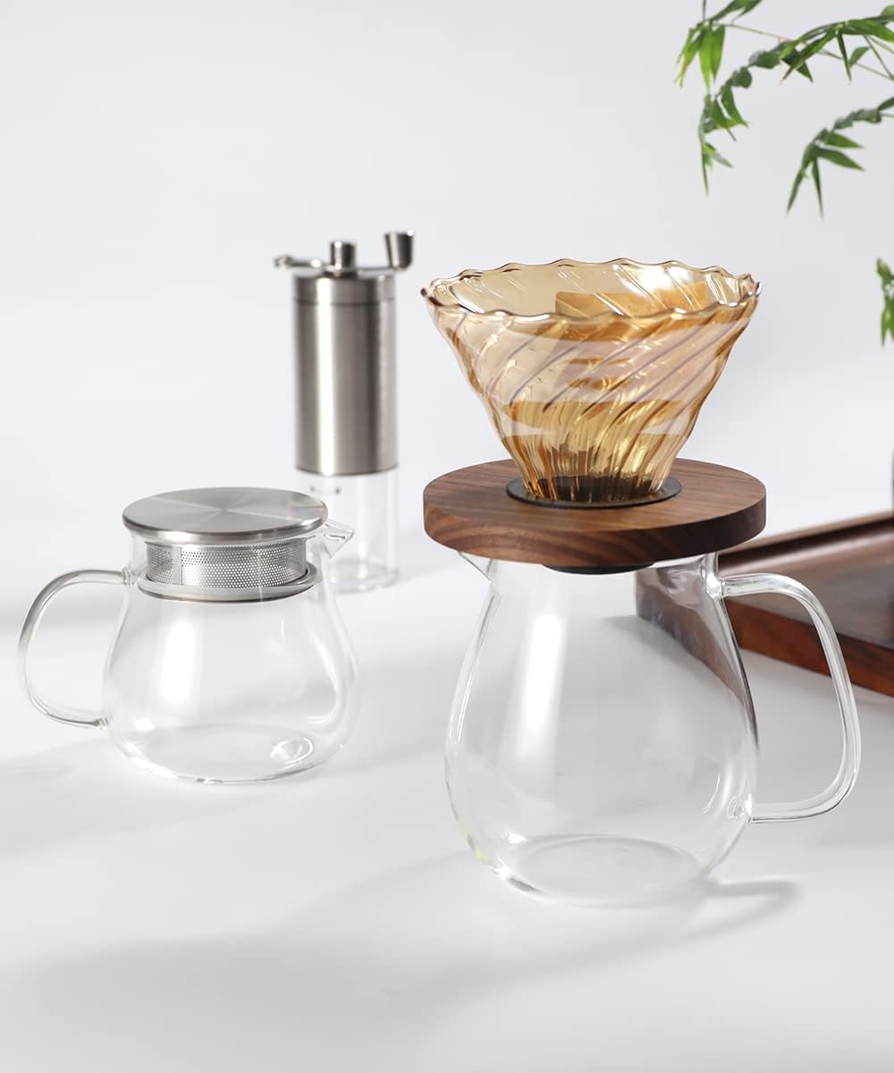 IwaiLoft Glass Teapot with Removable Stainless Steel Filter Lid Stovetop & Microwave Safe Borosilicate Glass Kettle for Loose Leaf, Blooming Tea And Coffee Sharing (24OZ)