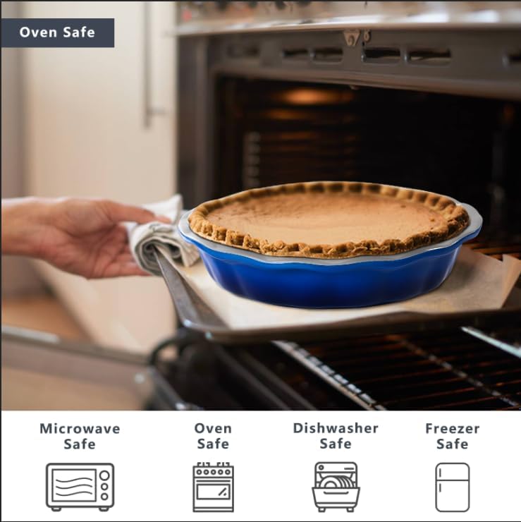 Lareina Ceramic 9 Inch Deep Dish Pie Pans, Set of 2, Blue, Non-Stick, Oven & Dishwasher Safe, Ideal for Baking Pies, Quiches, Cakes