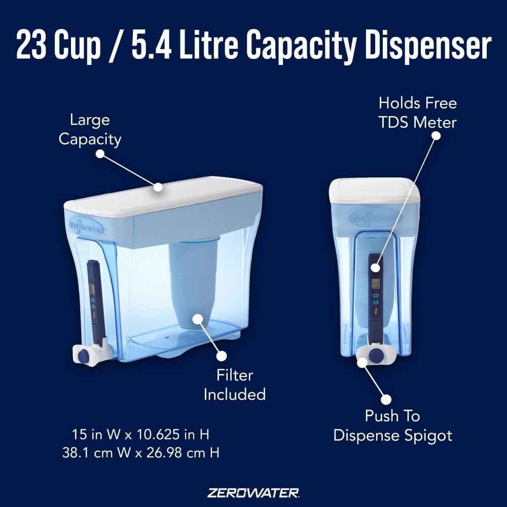 ZeroWater 23-Cup Dispenser Ready-Pour 5-Stage Water Filter with 0 TDS Water Filter – IAPMO Certified to Reduce Lead, Chromium, and PFOA/PFOS