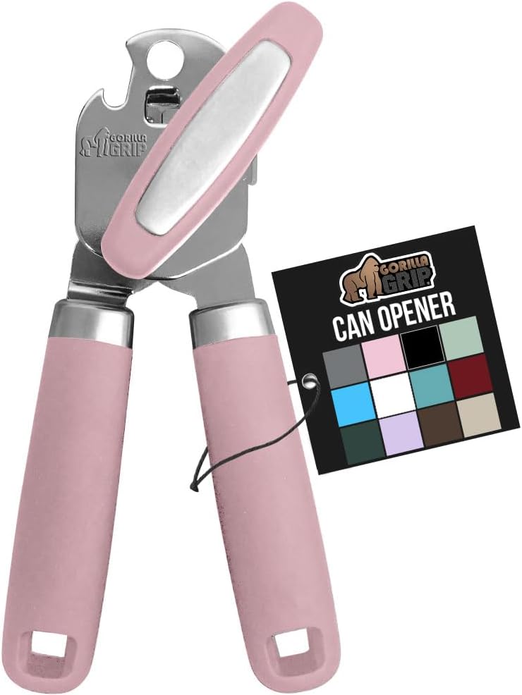 GORILLA GRIP Heavy Duty Stainless Steel Smooth Edge Manual Can Opener and Bottle Openers, Soft Comfortable Handle, Oversized Handheld Turn Knob, US Designed Multifunctional Kitchen Tool, Pink