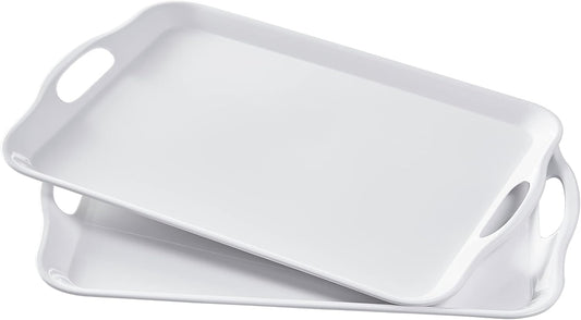 Blue Boat 16.5" x 11.5" Serving Trays Set of 2 White, Dinner Tray, Light Weight Easy to Clean Sturdy Stackable Melamine Serving Tray with Handle, Fruit, Snacks, and Desserts Trays