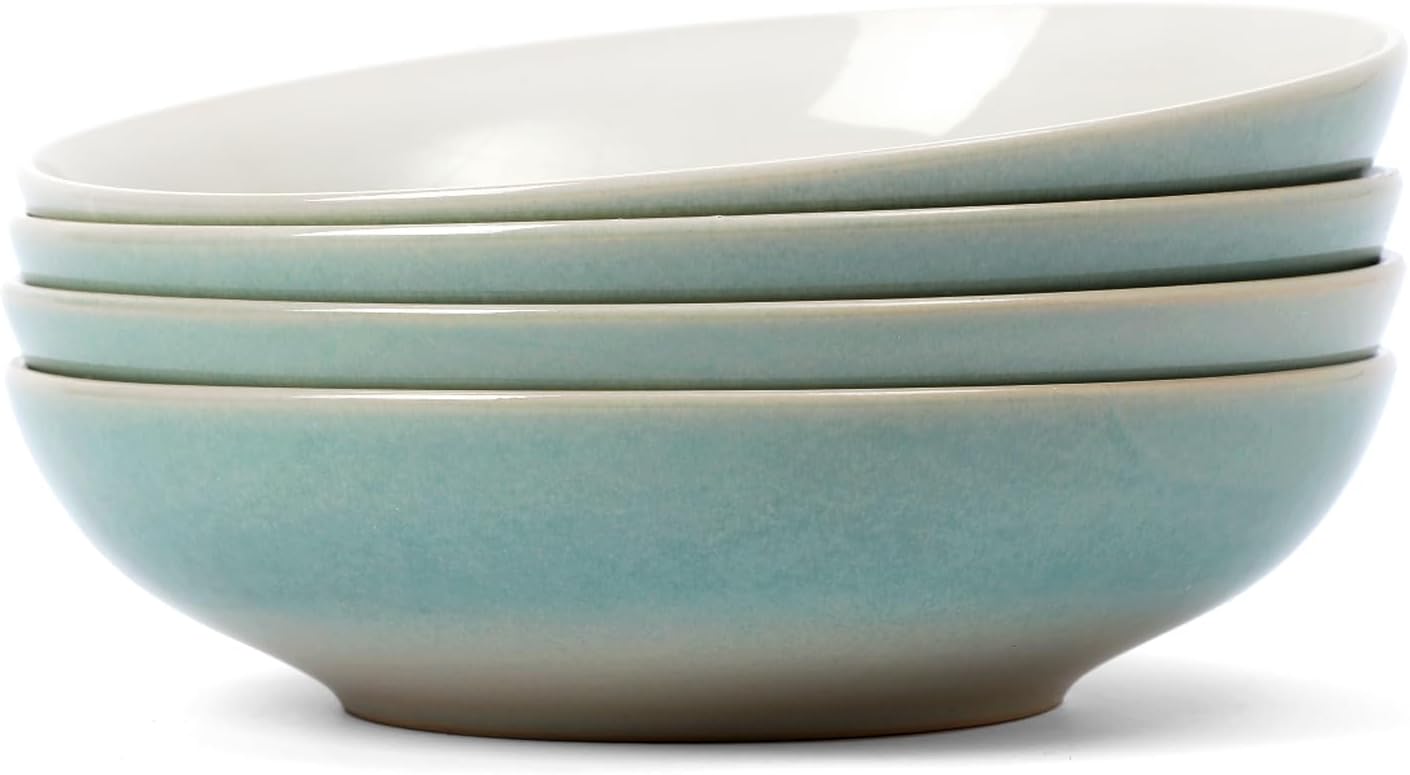 famiware 8.7" Large Pasta Bowls Set of 4, 34oz Stoneware Salad Bowl Serving Plate Bowls, Bowls for Pasta, Fruits, Salad, Noodle, Soup, Dinner- Microwave Dishwasher Safe, Glacier Series, Aqua