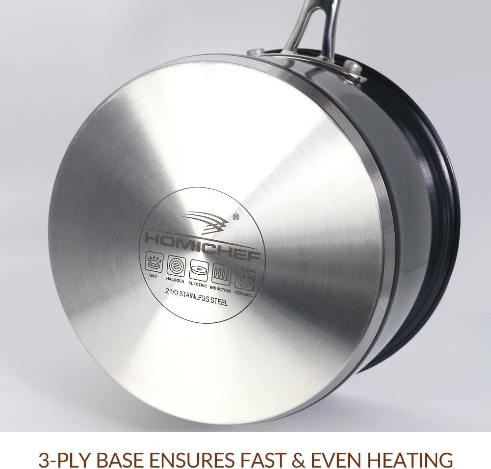 HOMICHEF Matte Polished NICKEL FREE Stainless Steel 2.5 QT Sauce Pan with Glass Lid (No Toxic Non Stick Coating) - Navy Gray Non Toxic Stainless Steel Induction Saucepan with Lid