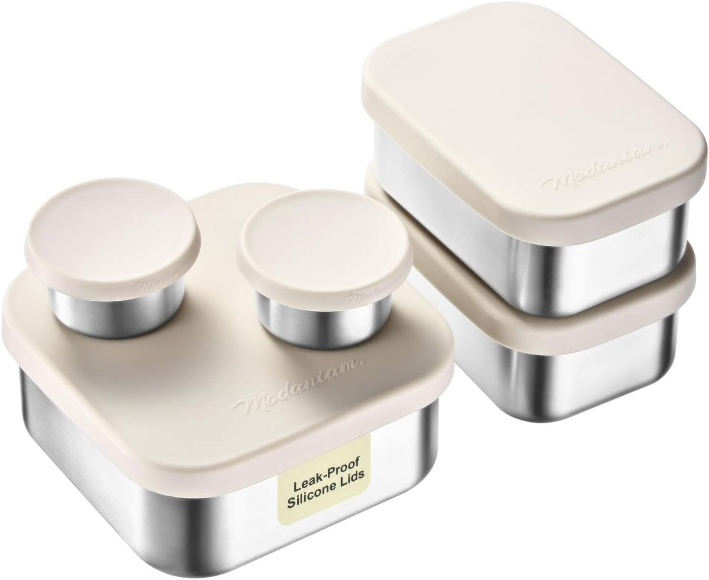 Flexibento - Leak proof Stainless Steel Lunch Box | Lunch Containers with Silicone Lids | Steel Bento Box |Metal lunch Box|1 * 25 OZ+ 2 * 13 OZ + 2 * 2 OZ| Set Of 5 |Vanilla