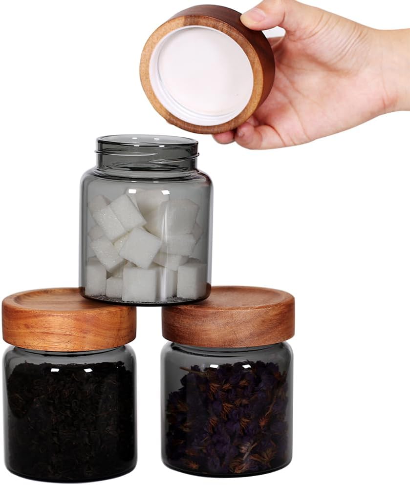 SAIOOL 3 Packs grey Glass Food Storage Jars with Screw Airtight Seal Acacia Wood Lids,Spice Jars with Lids, Organization for Jars Bottles Containers Travel Gear, Sugar, Salt,Coffee, cookies,spices