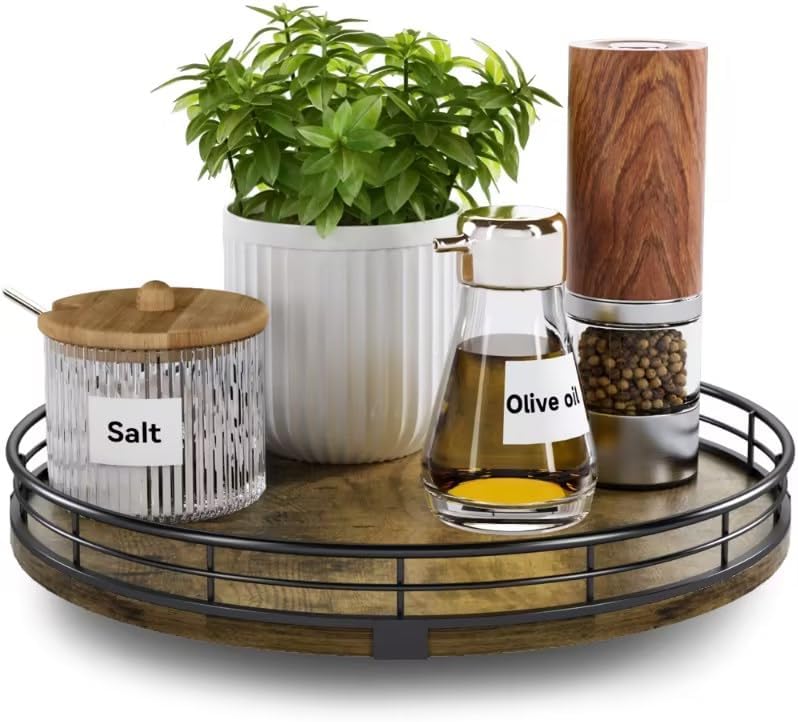 Lazy Susan Turntable Organizer for Table Top, 10’’ Round Wooden Lazy Susan for Cabinet Kitchen Countertop Pantry Dining Coffee Table for Condiments Spices, Rustic Bathroom Vanity Tray for Soap Candle