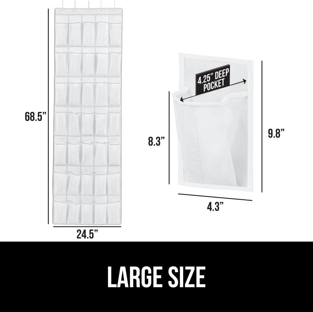 GORILLA GRIP Over the Door Shoe Organizer, 35 Large Breathable Mesh Pockets, Space Saving Hanging Storage Holder, 5 Hook Closet Rack Hanger, Hangs on Closets for Shoes, Accessories 68.5H x 24.5W White