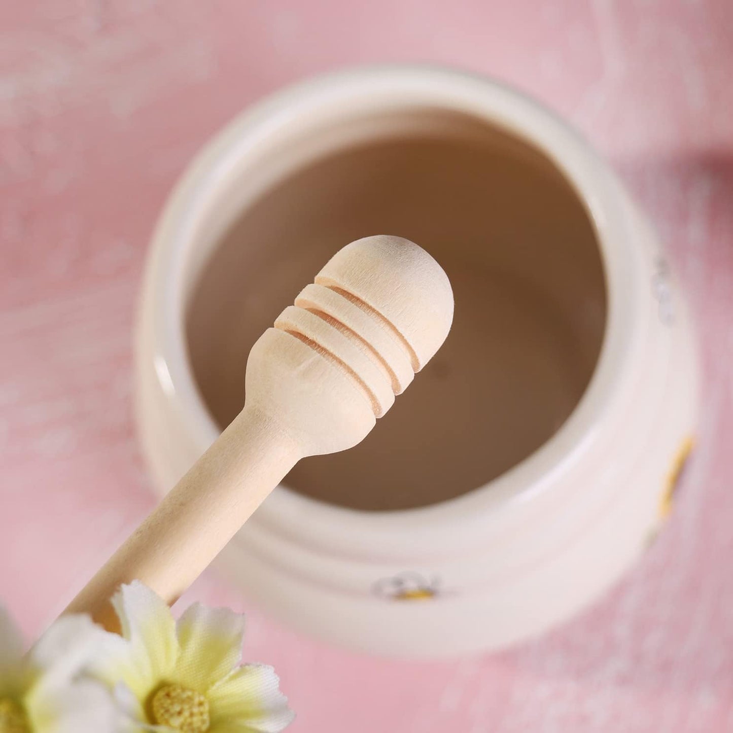 Ceramic Honey Jar with Wooden Honey Dipper-Honey Pot with Dipper- Honey Jar with Stand, Great Bee Decor- Farmhouse Kitchen Decoration (Honey Jar-Bee)