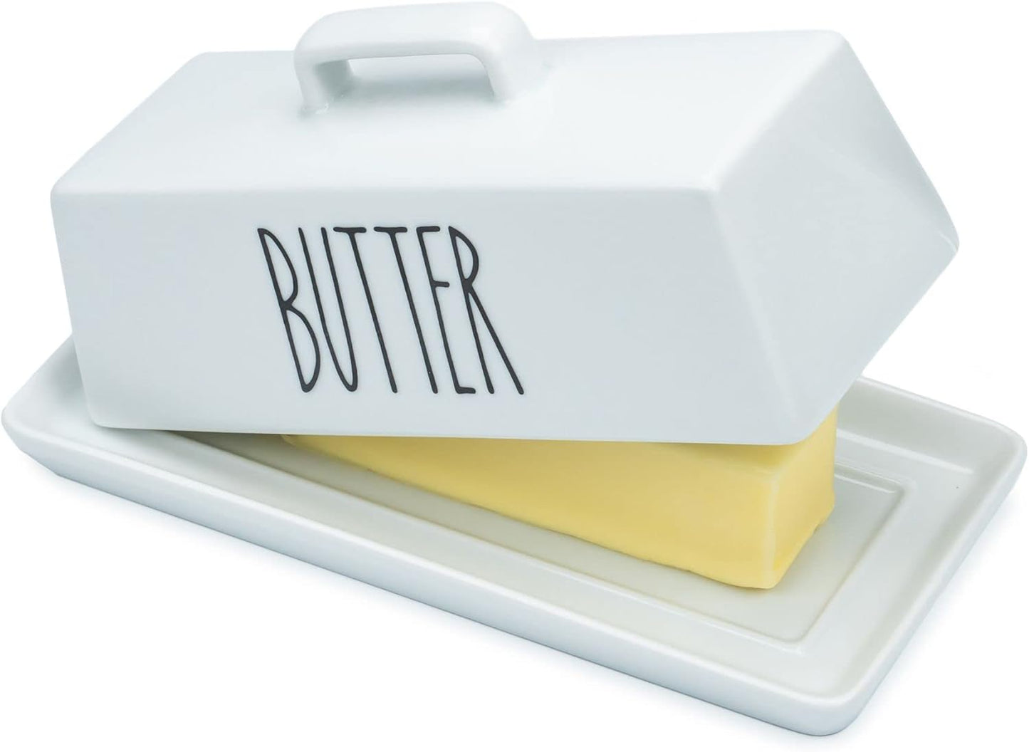 Heartland Home Porcelain Covered Butter Dish with Lid for Countertop (Lid with Handle). 7.6" x 3.8" Butter Holder Container for One Stick of Butter. Textured Tray Butter Keeper for Non Slip Storage