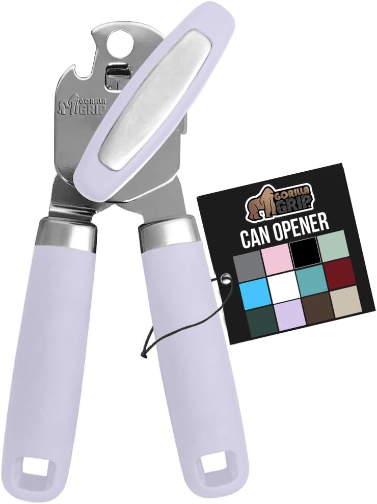 GORILLA GRIP Heavy Duty Stainless Steel Smooth Edge Manual Can Opener and Bottle Openers, Soft Comfortable Handle, Oversized Handheld Turn Knob, US Designed Multifunctional Kitchen Tool, Lavender