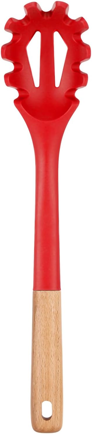 Silicone Pasta Fork, Kitchen Heat Resistant Noodle Spoon Server, BPA Free Spaghetti Strainer,12.8 inch (RED)