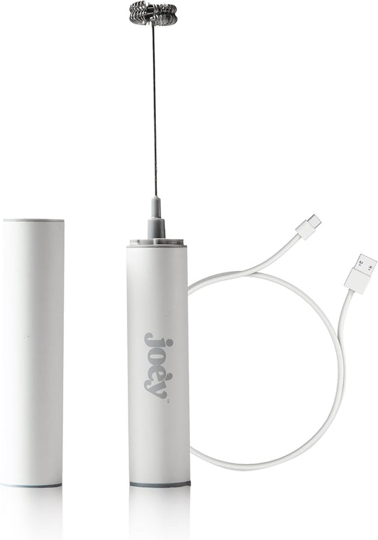 Joe’y High-Grade Milk Frother, USB-Powered Handheld Whisk for Coffee, Lattes, Matcha, Hot Chocolate, Dual-Speed Stainless Steel Frothing Wand with Travel Case, Double-Whisk, White