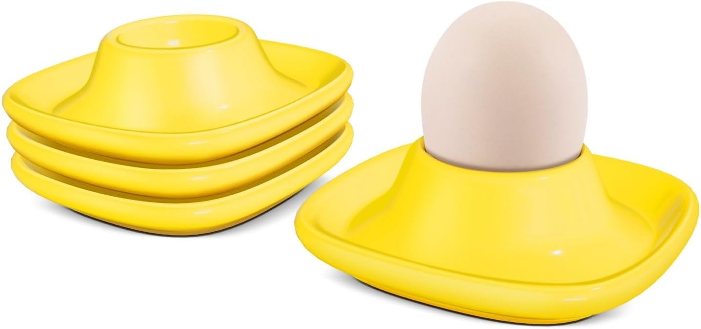 Flexzion Egg Cups for Soft Boiled Eggs - Set of 6 Ceramic Egg Holder - Stackable Egg Coddler Cups with Base for Serving, Breakfast, Brunch - Kitchen Table Decor, Yellow