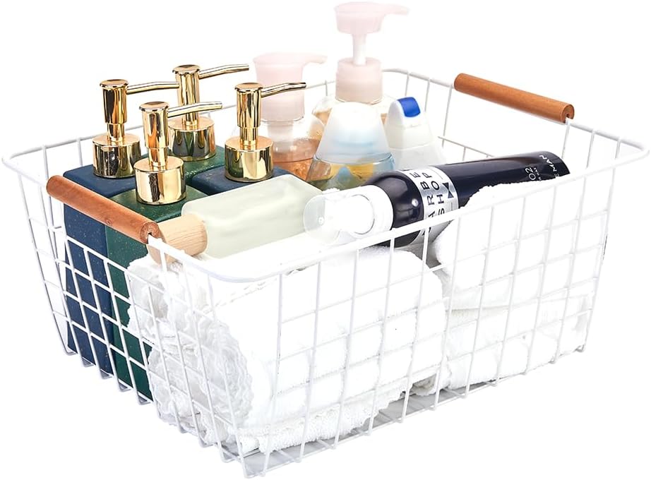 LeleCAT Large white wire baskets with Wooden Handles for storage pantry, Storage Organizer Baskets, Household Refrigerator for Cabinets, Closets, Bedrooms, kitchen - Set of 2（White）