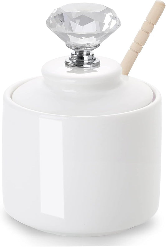 Ceramic Honey Jar with Dipper and Crystal Lid, Small Honey Pot for Home Kitchen, 8oz (Silver)