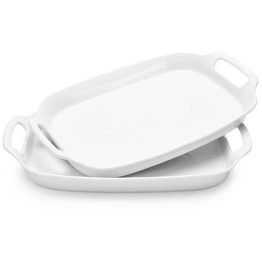 DOWAN Serving Tray with Handles, 15.4" Large Platters for Wedding Decor, Porcelain Serving Dish for Entertaining, White Plates for Salad Meat Fruit Dessert, Set of 2