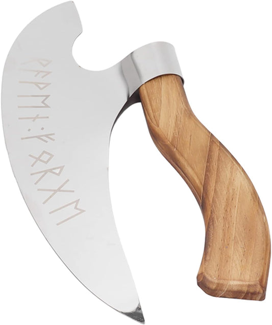 Handmade Viking Steel Pizza Axe, Camping Knives Tools Pizza Cutter with Pine Wood Handle, Handmade Stainless Steel Authentic Medieval Pizza Cutter for Home Restaurant Bar
