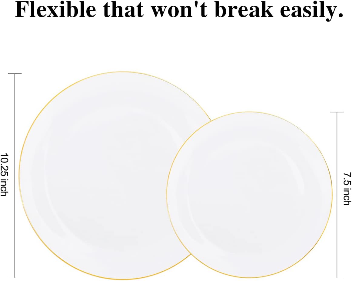 KIRE 100PCS Disposable Plates - White with Gold Rim for Party/Wedding - Includes 50Pieces 10.25inch Dinner and 50Pieces 7.5inch Dessert/Salad Plates