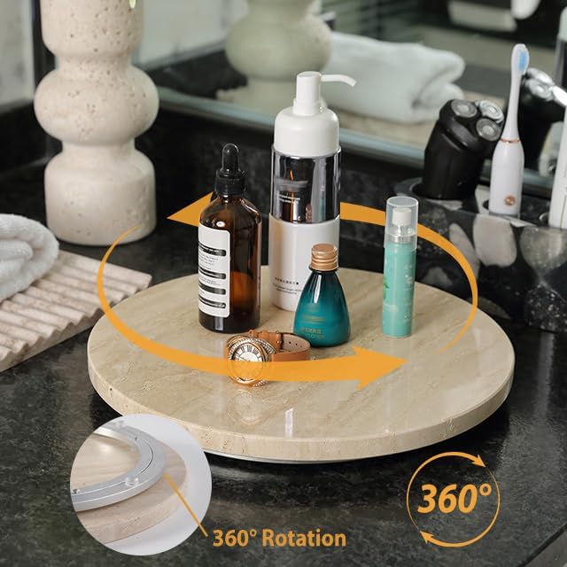 Travertine Lazy Susan for Table Top, 12 in Lazy Susan Turntable Organizer for Cabinet Pantry Kitchen Countertop Fridge Bathroom Makeup Vanity Countertop