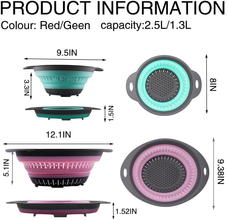 Collapsible Colander Set, Square Round Triangles Silicone Kitchen Strainer Perfect for Draining Pasta Vegetable fruit 2 PCS (Green & Red, 12"L x 9.5"W x 2.3"H)