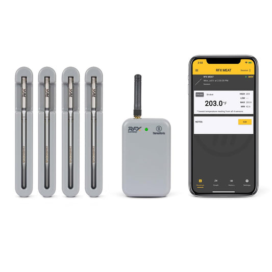 RFX | Smart Wireless Meat Thermometer | Wi-Fi & Radio Frequency | Stronger Signal Than Bluetooth | Meat Probe for Use in Smoker, Grill, BBQ, Oven - 4-Probe Kit