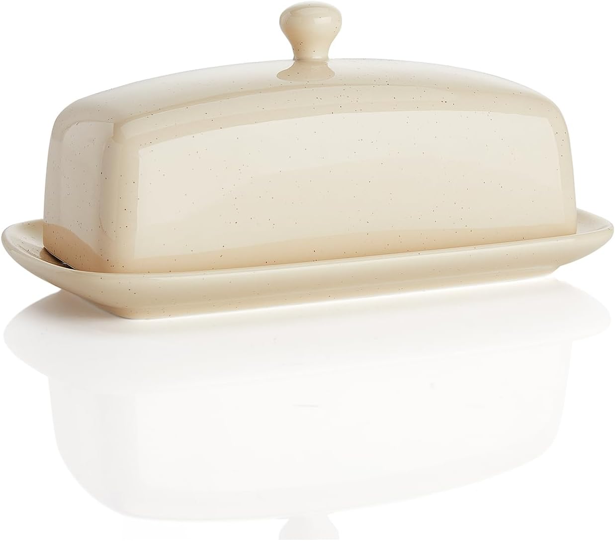 Sweese Butter Dish with Lid, Porcelain Butter Keeper, 7.8 Inch Butter Holder with Handle Cover, Butter Container Perfect for East West Coast Butter, Beige